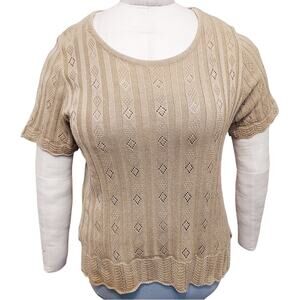 Da-Rue of California Neutral Tan Knit Scalloped Edge Short Sleeve Blouse Tee Top